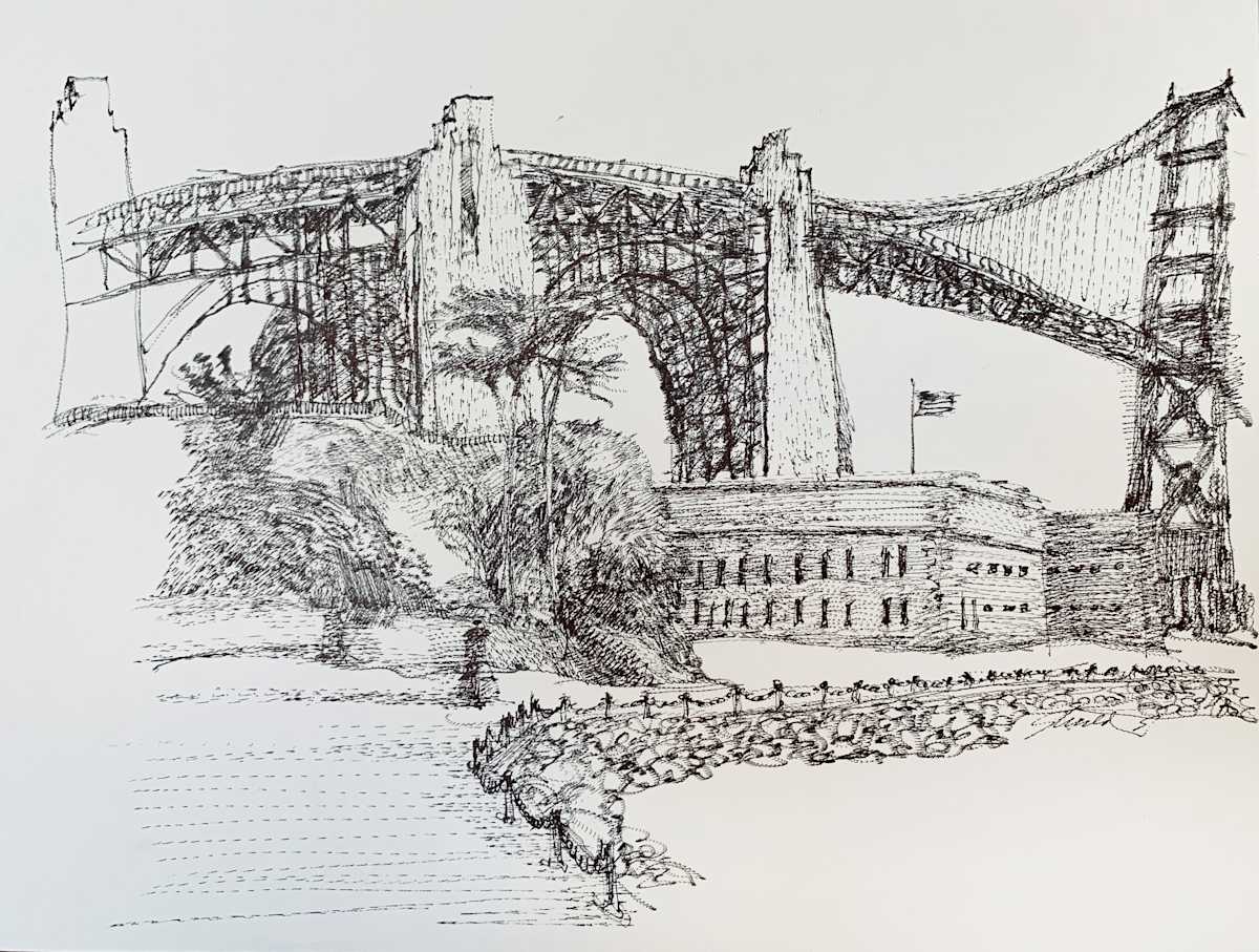 1991 "The Bridge" Landscape Drawing Acclaimed Illustrator Bill Shields by Bill Shields, Image 2.