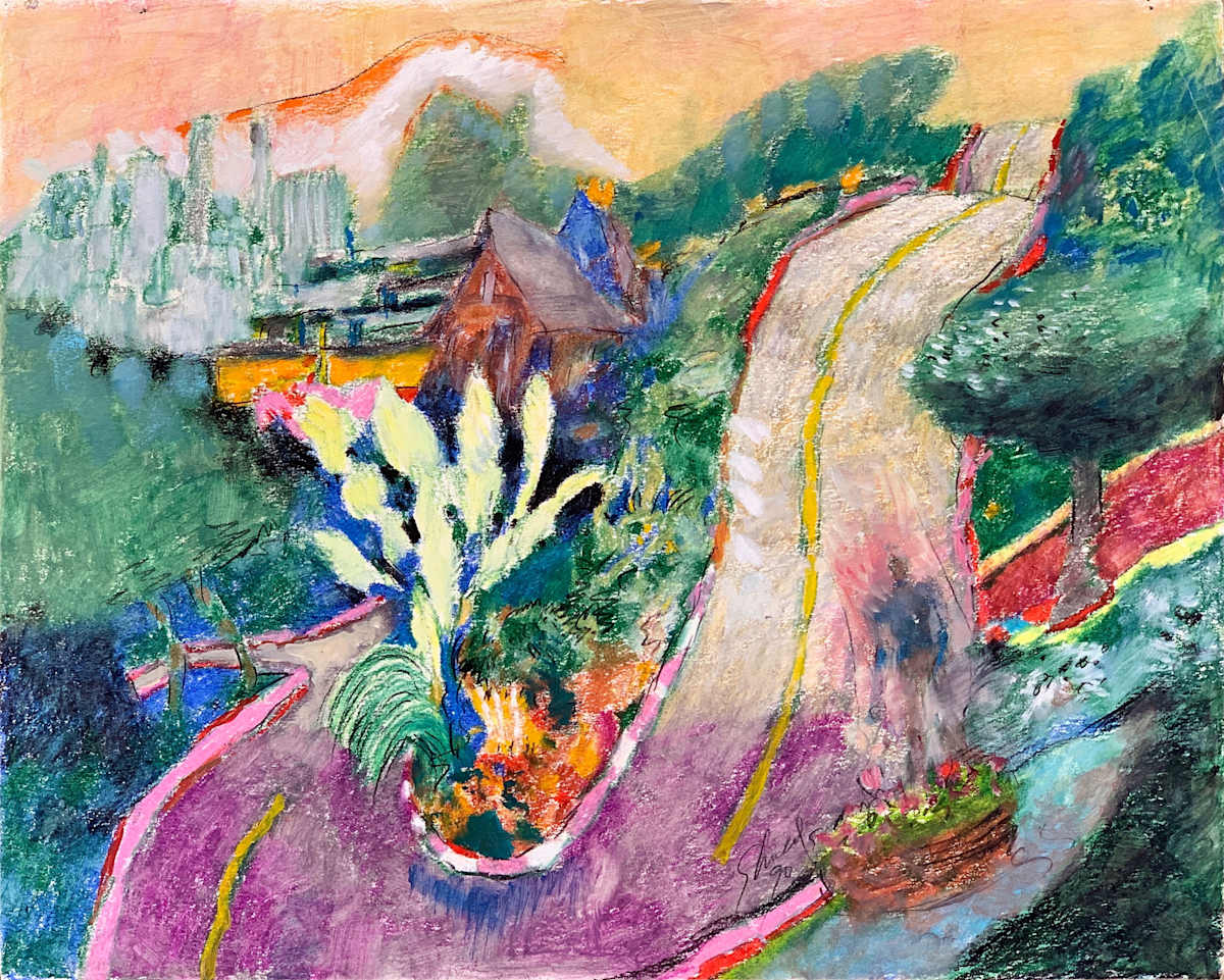 1990 "Elise Street, Bernal Heights" Abstract Landscape Painting Acclaimed Illustrator Bill Shields by Bill Shields, Image 2.