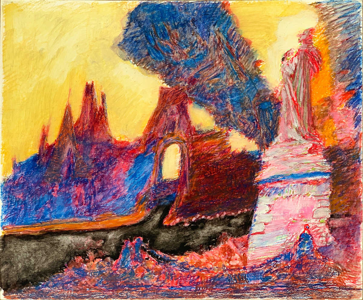 1987 "Statue at Sunset" Abstract Landscape Painting Acclaimed Illustrator Bill Shields by Bill Shields 