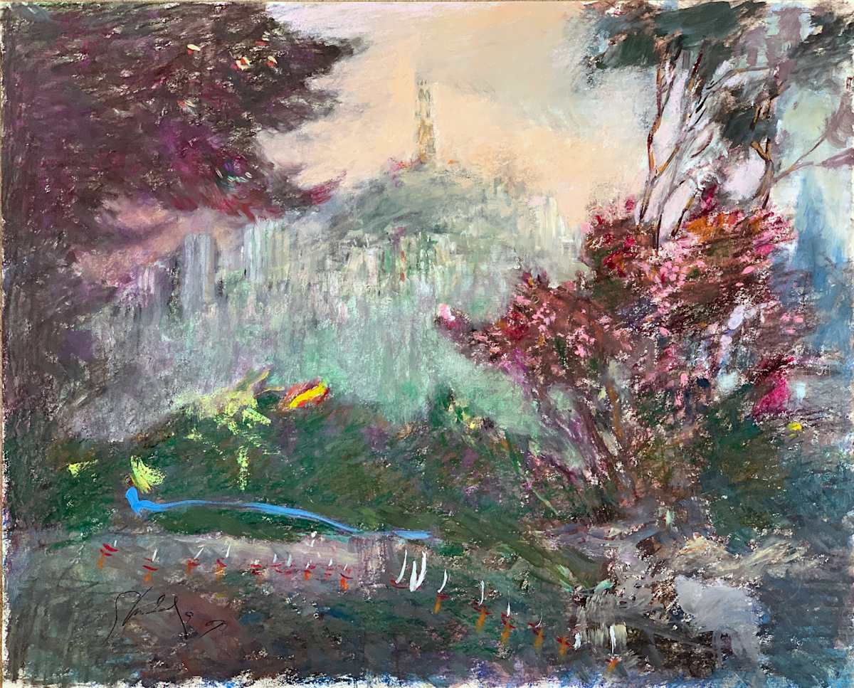 1990 "Coit Tower, San Francisco" Impressionist Landscape Drawing Acclaimed Illustrator Bill Shields by Bill Shields 