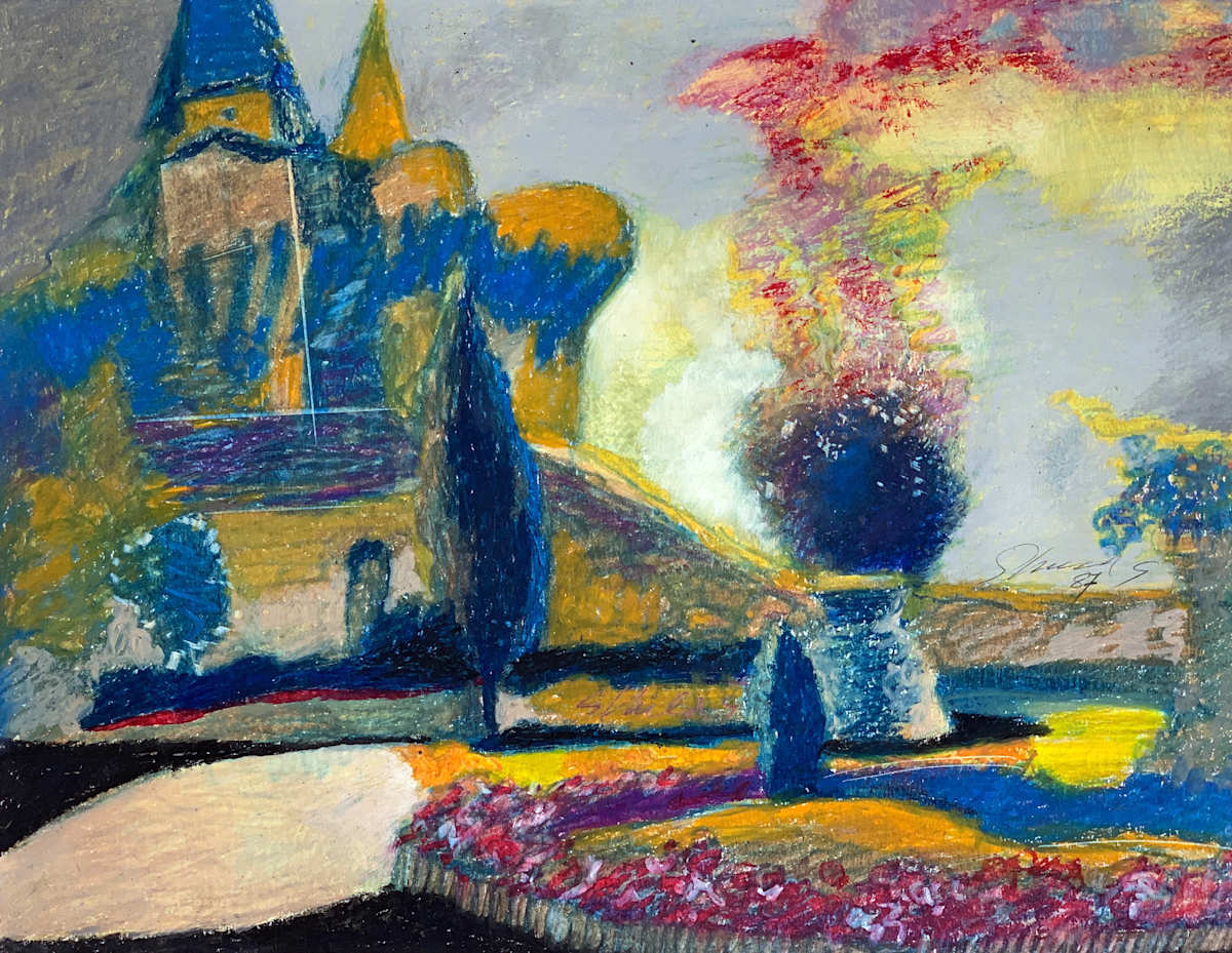 1987 "Chateau Loches" Impressionist Landscape Drawing Acclaimed Illustrator Bill Shields by Bill Shields 