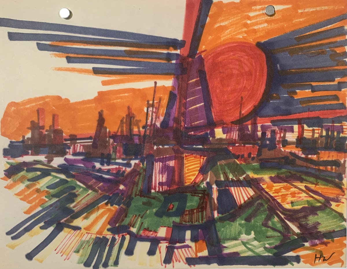 "Bay Area Sun" Abstract Landscape Drawing by Herbert Wasserman 