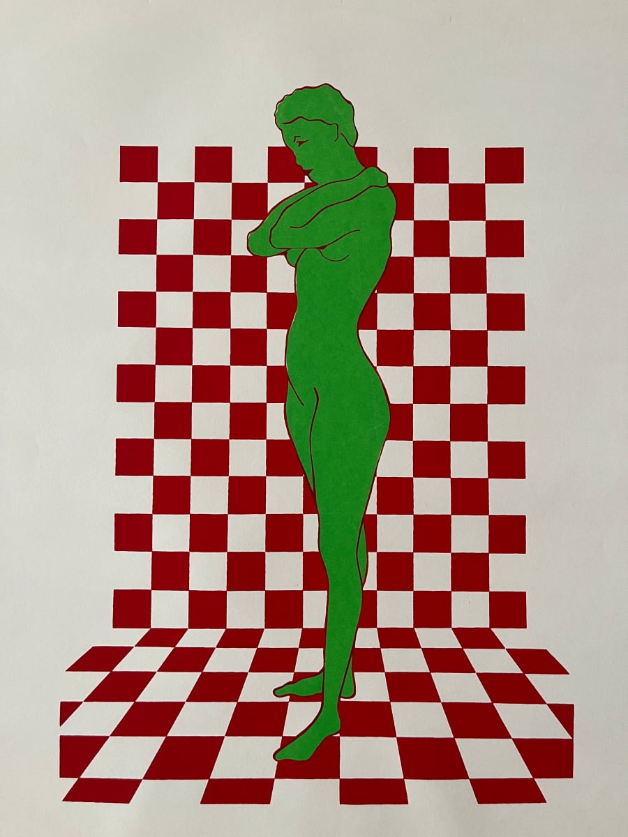 1970s Silkscreen Woman on Checkered Background Red & Green" by Unknown, Image 1.