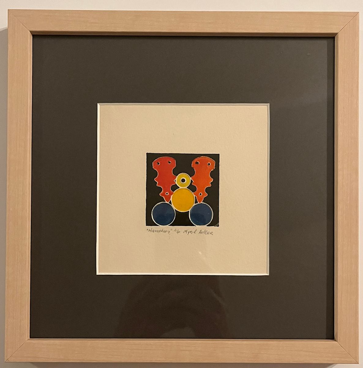 1960s "Hierophany" Red, Blue, Yellow Collagraph by Myril Adler 