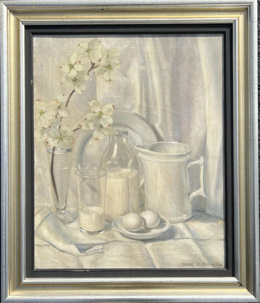 "Still Life in Whites" Mid Century Oil Painting by Marc Schoettle, Image 1.