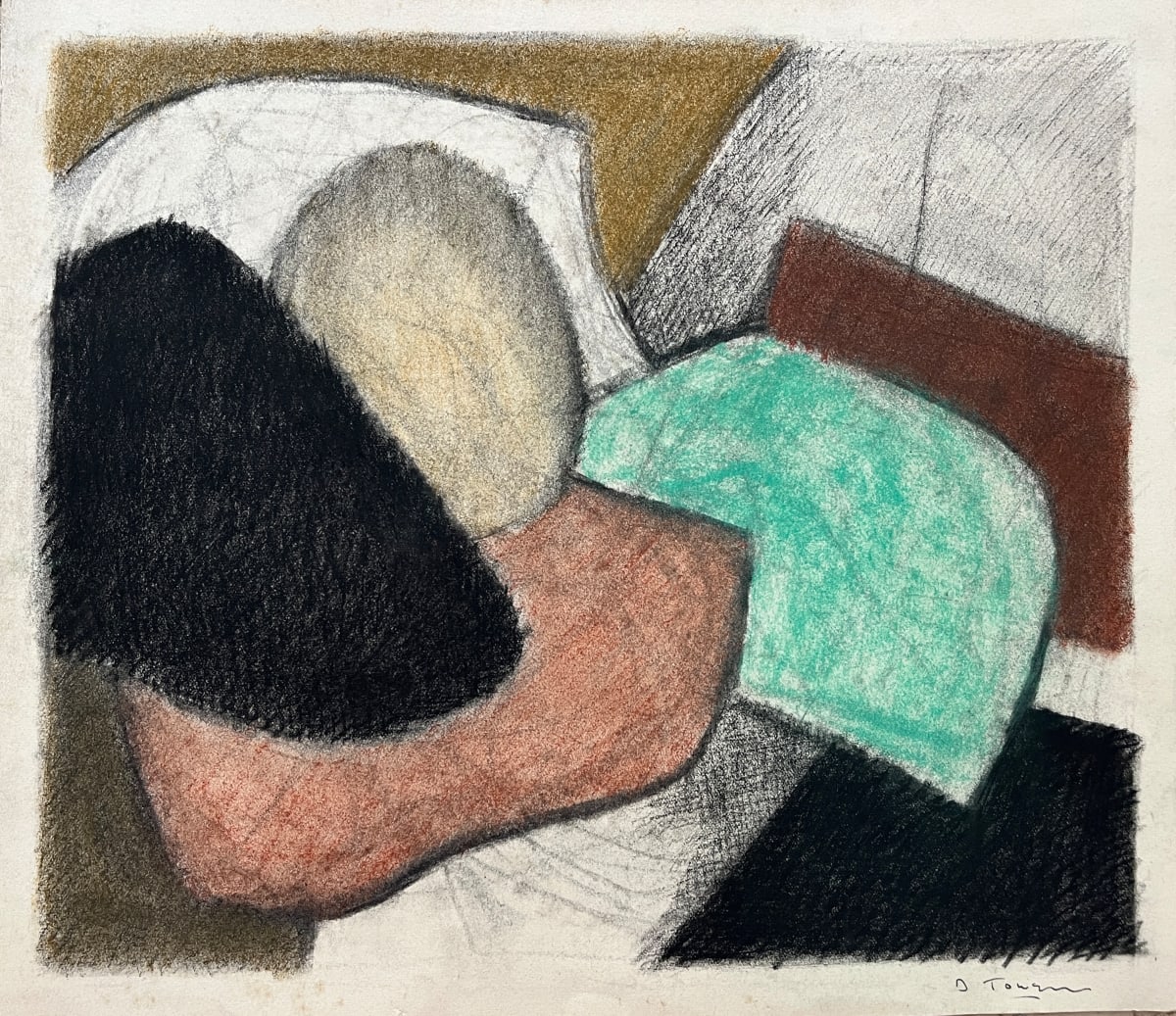 1980's "Mint, Orange, Yellow, Black" Soft Pastel Abstract Drawing by D Tongen, Image 1.