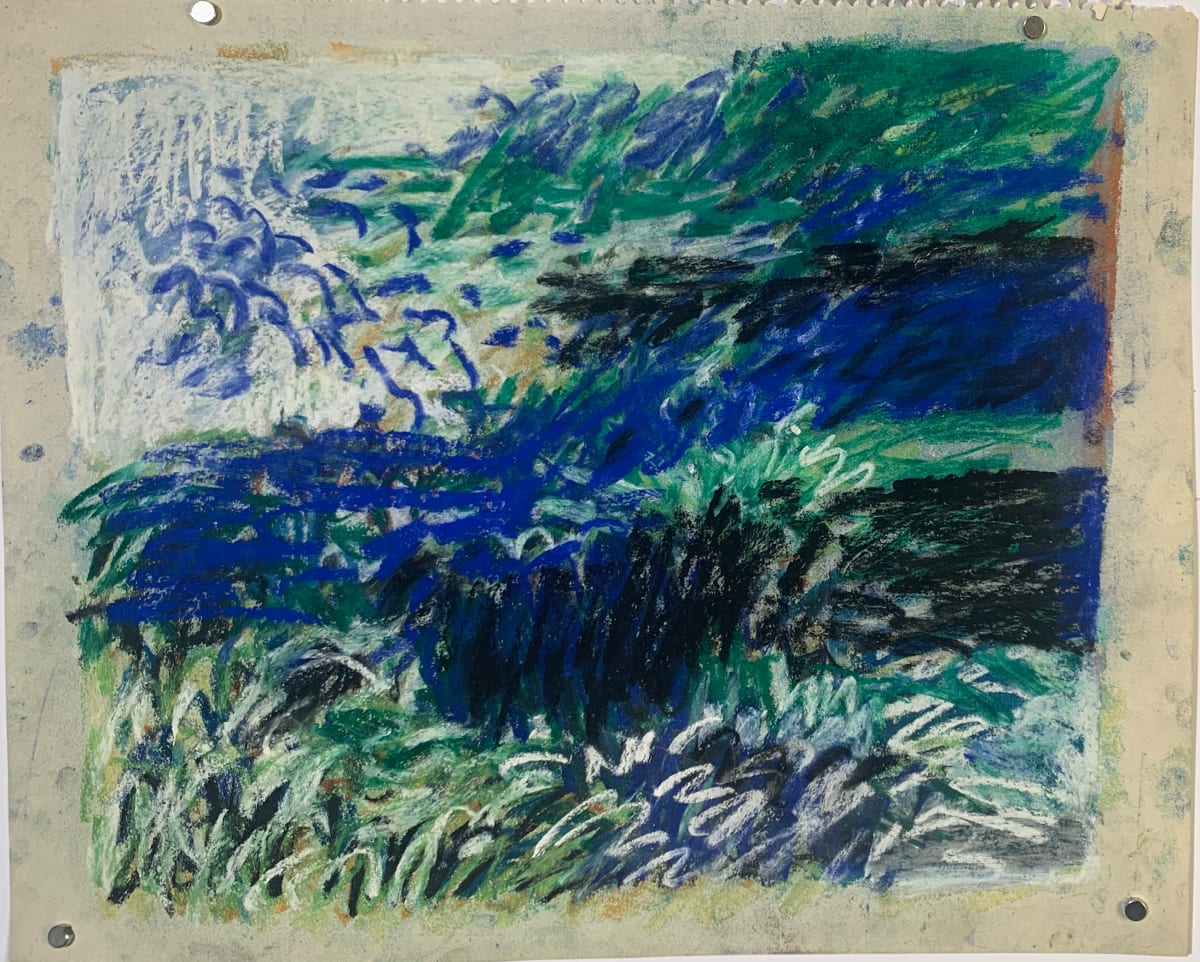 "Pastel Landscape in Blues 2" Original Impressionist Landscape Drawing by Edith  Isaac-Rose, Image 1.