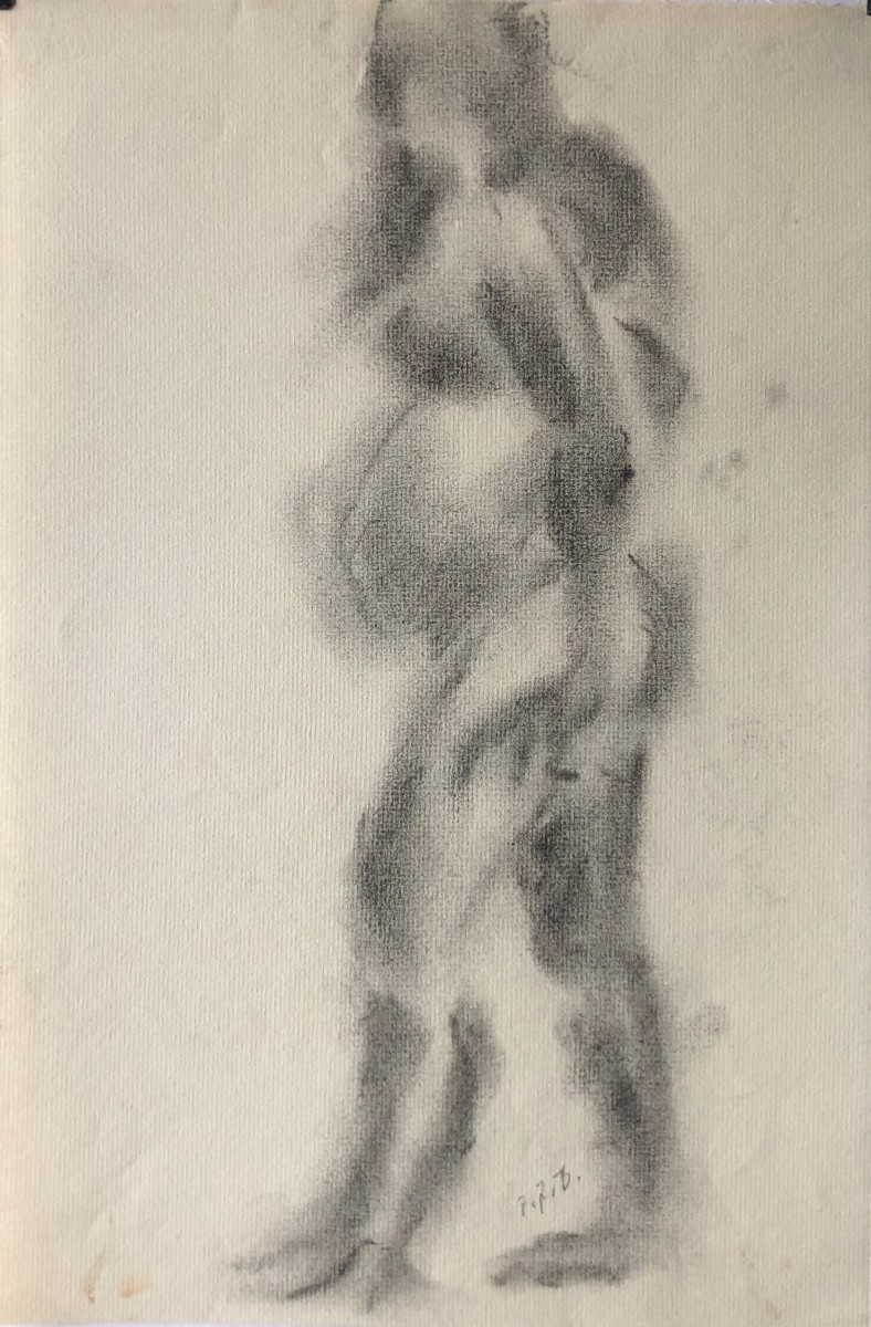 1970s Charcoal Female Nude with Child by Frank J Bette 