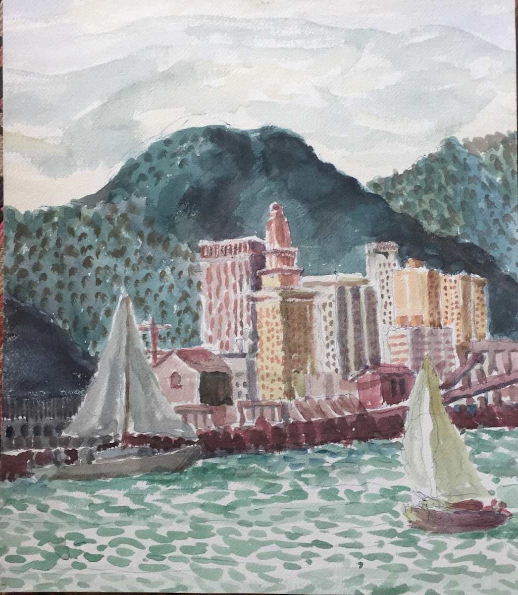 Sail Boats and City View by Frank J Bette 