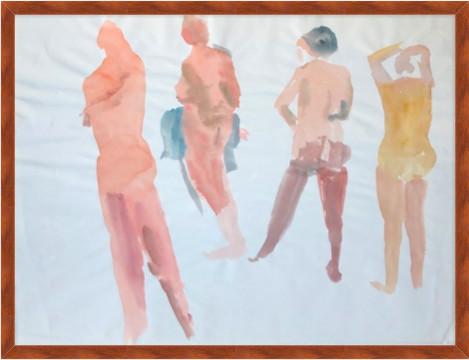 1970s 4 Female Nudes Watercolor "Touch of Blue" by Thelma Corbin Moody 