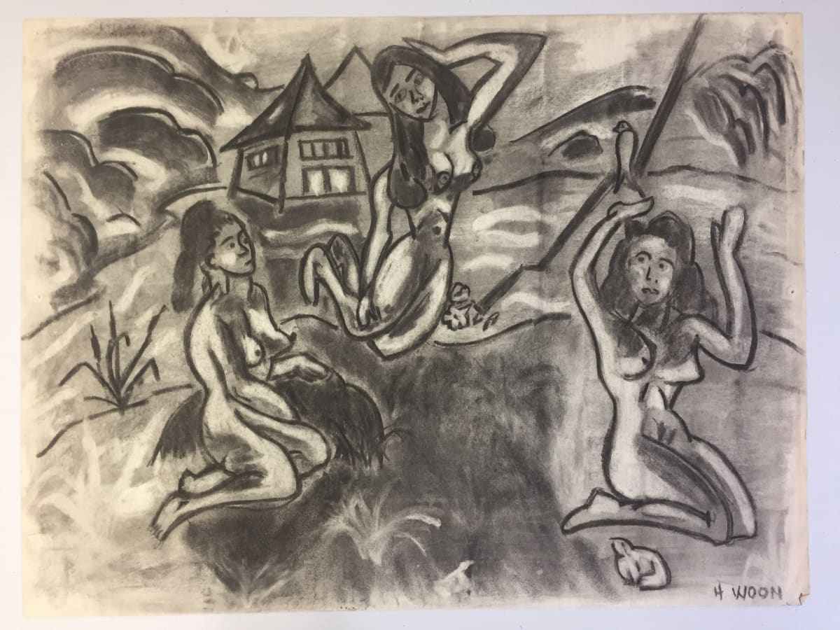 1950's Charcoal 3 Graces Female Nudes Henry Woon by Henry Woon, Image 1.