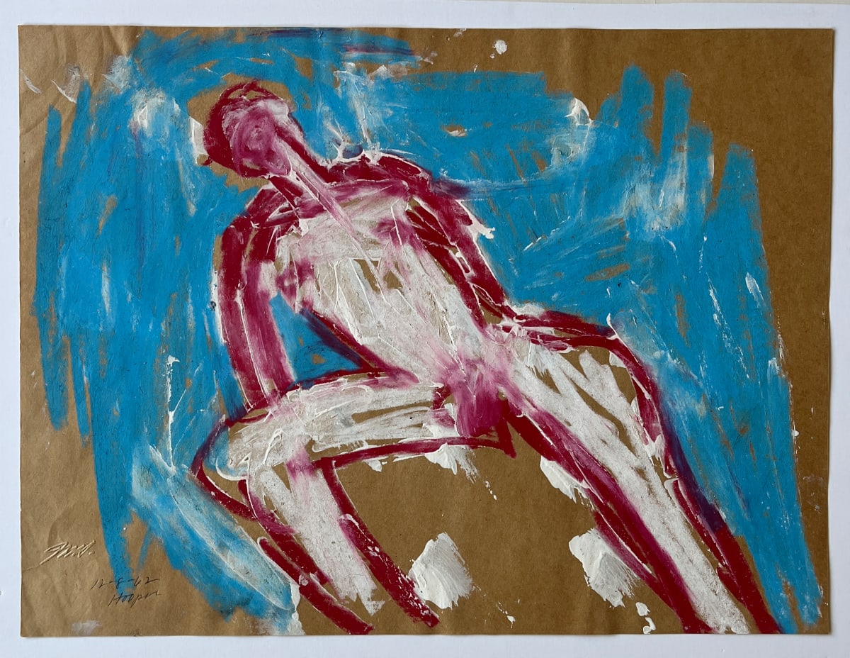 "Nude Outlined in Red on Turquoise" 1962 Paint & Pastel Nude Jack Hooper by Jack Hooper 