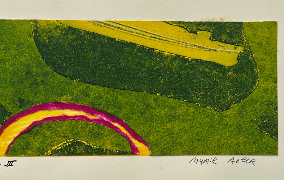 1960s "Sunscape III" Green, Pink, Yellow Collage Intaglio Etching NY Artist Myril Adler by Myril Adler 