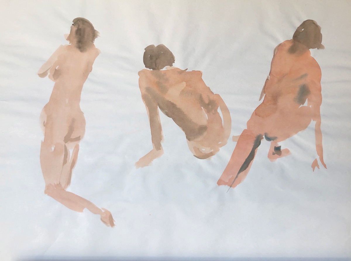 3 Nudes Praying, Lounging, Stretching  Watercolor Painting by Thelma Corbin Moody 