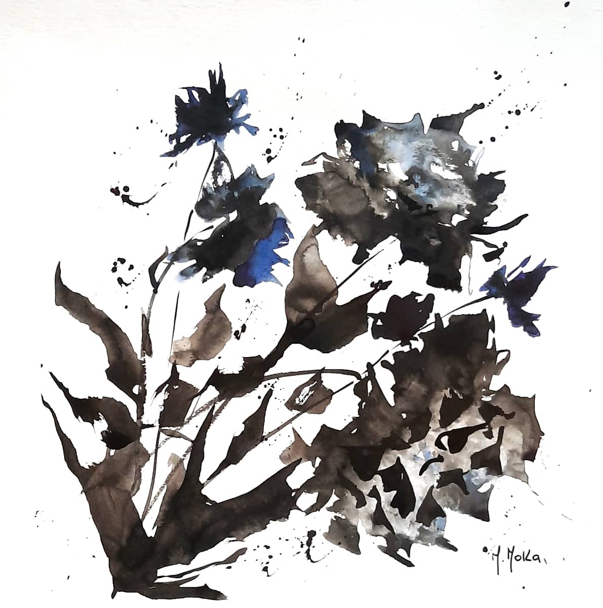 Flores a la tinta by Moni Moka  Image: Airy dark-toned floral composition in acrylic and ink.