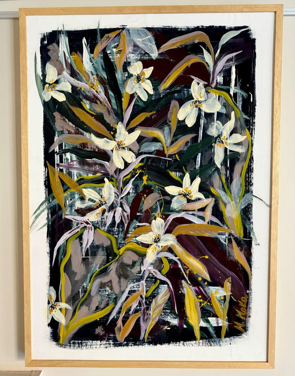 jazmines by Moni Moka  Image: Acrylic on canvas with a dark base and white border. Flowers in white, ochre, and violet appear contained within the artwork, adding depth and dimension