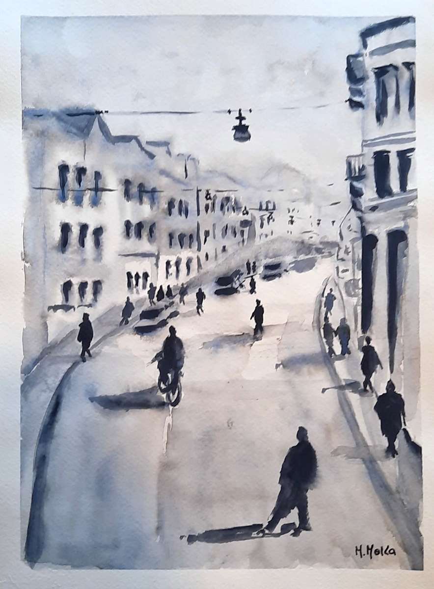S/titulo by Moni Moka  Image: Watercolor on paper depicting a wide, bustling city street with pedestrians, rendered in grayscale
