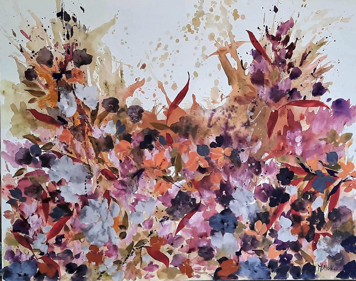 Abril by Moni Moka  Image: An autumn garden bursting with color and movement against a soft cream background.