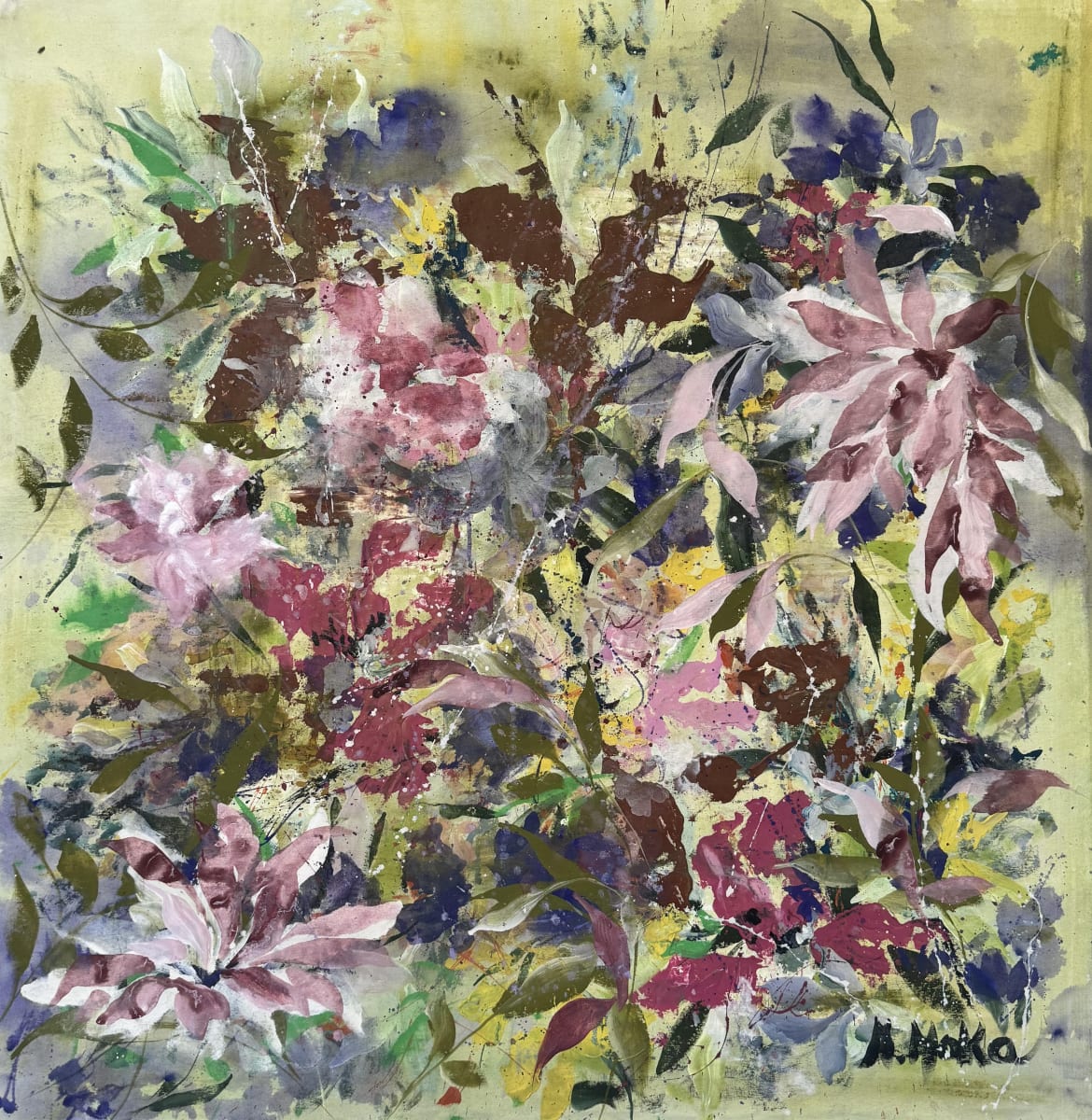 Nostalgic Bloom by Moni Moka  Image: ‘Nostalgic Bloom’ by Moni Moka. Acrylic on canvas with blended grays and greens, featuring lilac and violet flowers that evoke a nostalgic yet vibrant natural energy