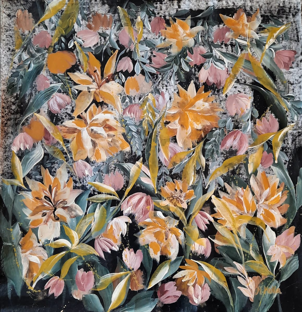 Autumn in Motion by Moni Moka  Image: Autumn in Motion: Acrylic on canvas with autumn foliage in ochres, soft pinks, and greens. The gestural strokes bring out the serene and dynamic essence of the season