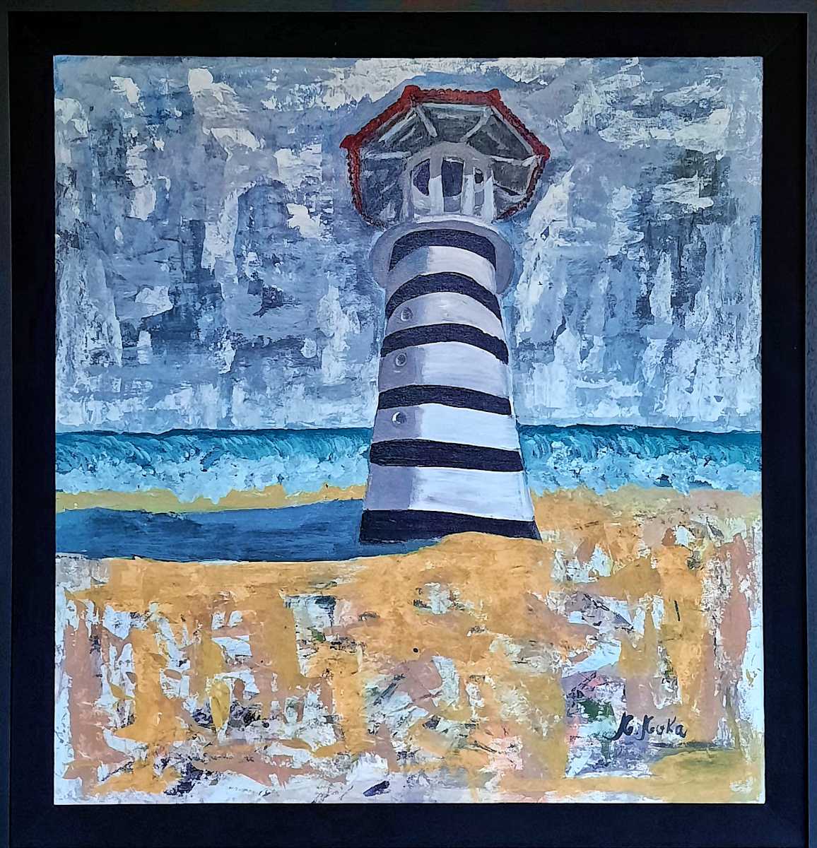 Lighthouse by Moni Moka  Image: A lighthouse stands strong against a gray maritime backdrop.