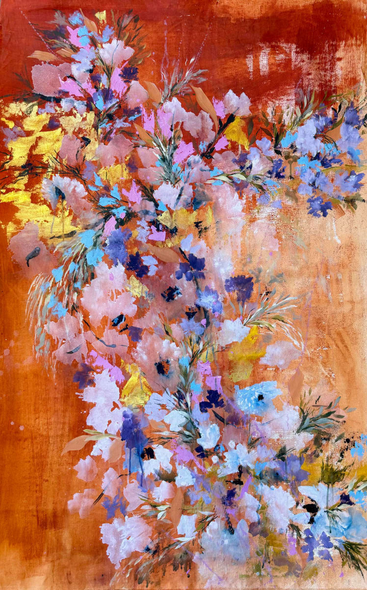 Cascada by Moni Moka  Image: Soft flowers in cool tones cascade against a vibrant orange background, reflecting the dynamic energy of fire.