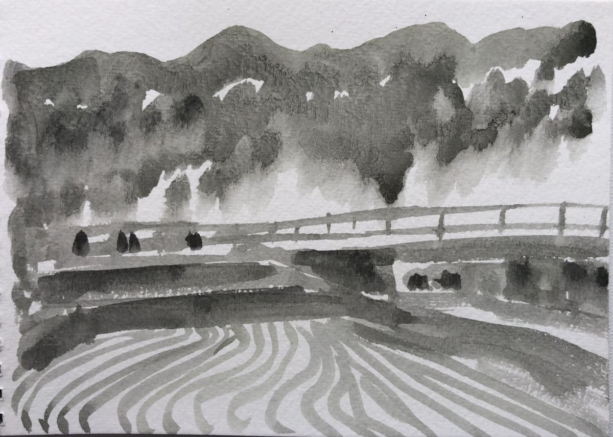 Kyoto Landscape: Bridge and Rice Fields by Marianne Wilson 