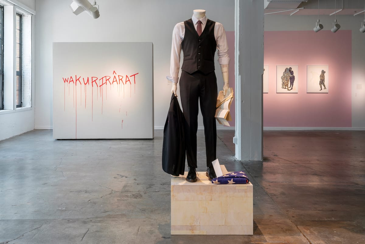 05. Beyond the Whitewash Exhibition July 7, 2023 by Shelby Head  Image: Letf to Right: Wakurirarat, sound installation, Warren Realrider (Pawnee, Crow), Nathan Young, (Delaware, Pawnee, Kiowa); Papered over, Shelby Head; In the Realm of Love, M. Florine Démosthène