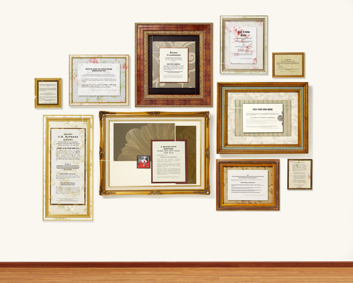 Dark Wall by Shelby Head  Image: Interactive installation, racist laws, policies, and regulations in the United States are printed on wallpaper. Artist's family documents are printed on the backside of the frames. The frames are meant to be taken off the wall so that the backside can be viewed. 