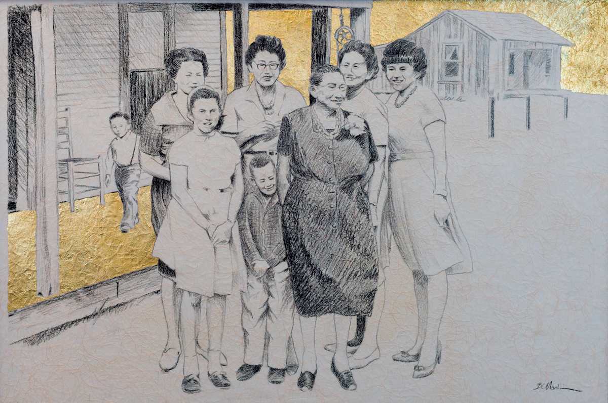 Surrounded by Herron Ladies at the Camphouse - Bobby Martin by Shelby Head  Image: Work by collaborator Bobby Martin, Mvskoke Creek Nation