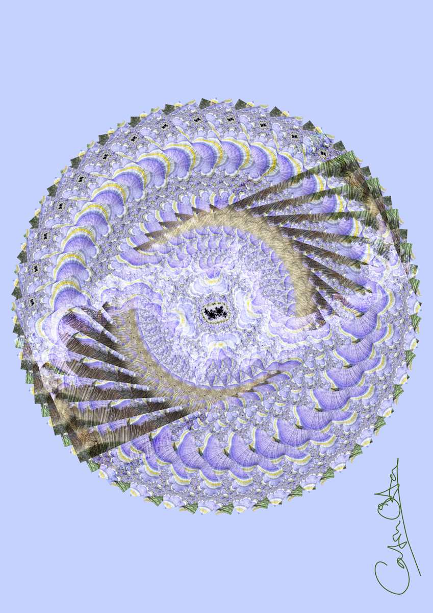 Chichester Iris Fractal, 2 by Catrin O'Hara  Image: Multiply repeated fractal image becoming a mandala-like shape with clouds and feathers.