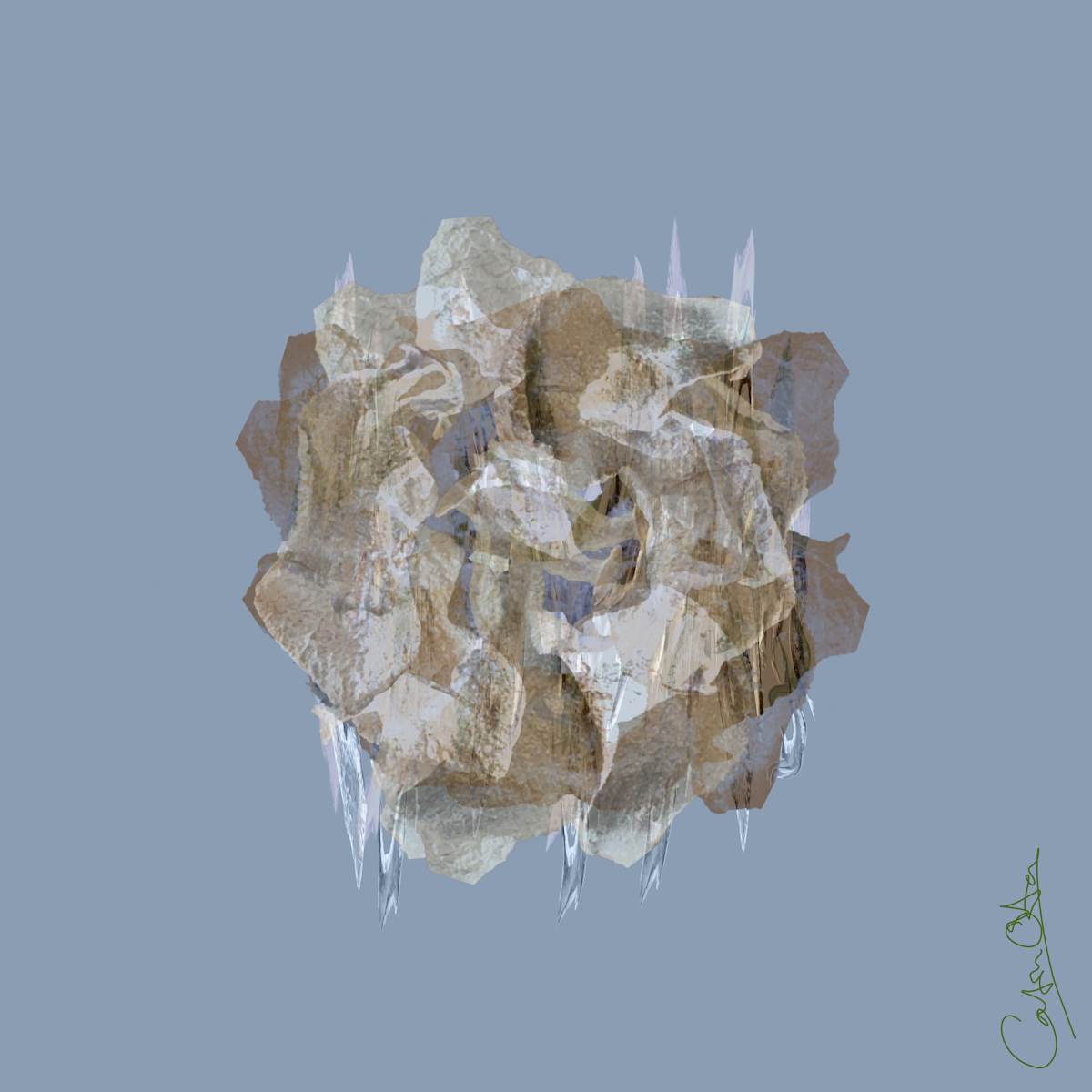 Flight Dance, 4 by Catrin O'Hara  Image: Jade tree leaves fallen and dried out, transmuted into folds and textures in muted browns, greys and creams on a slate blue ground.