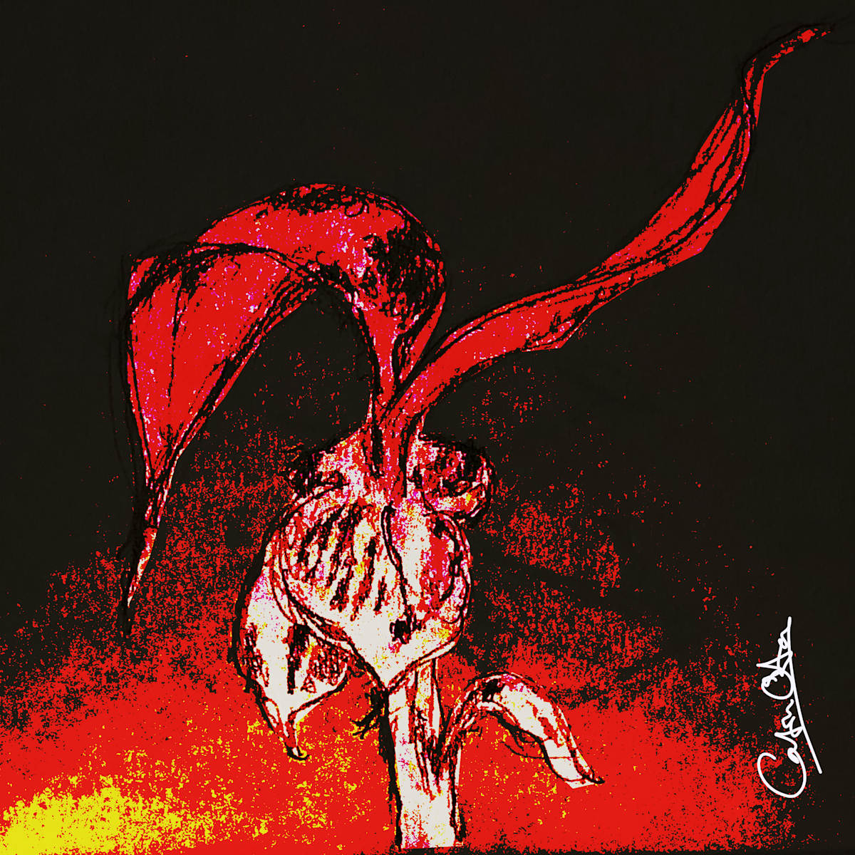 Plant Series 2: Masked Cavendish 4, Red by Catrin O'Hara  Image: Original pencil sketch in a series made of a baby ‘pup’ banana plant during lockdown enhanced with mask over main sketched image and original rough drawing paper as the background. This variant in dramatic red, black and yellow tones.
