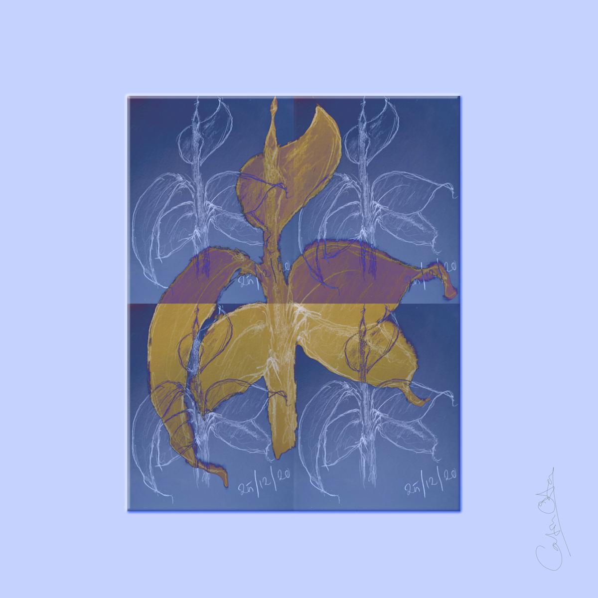 Plant Series 2: Masked Cavendish 7 by Catrin O'Hara  Image: Seventh in the series of artworks based on plant sketches made during the pandemic. This has a lilac background and complex masking to create a tile effect. There is a slight bevel effect to exaggerate the playful mix of visual media - sketch, paper, print, ceramic tiles with an overall harmony created by the repeated images in browns, aubergines and blues.
