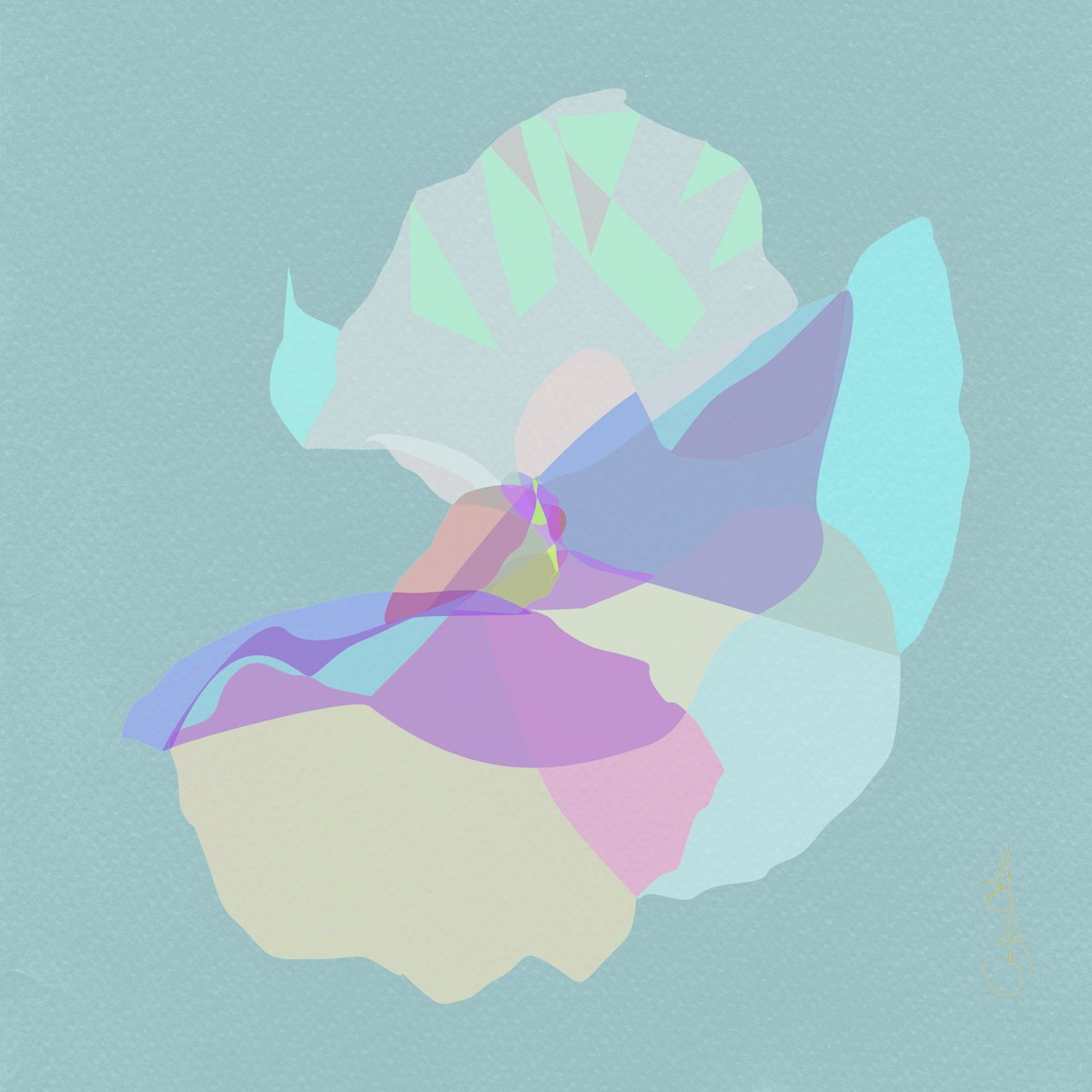 Viola on Teal Green Paper by Catrin O'Hara  Image: A stylised pastel of the head of a viola flower with angular highlights against textured art paper coloured teal green.  This approach uses blend modes and different levels of transparency in the digital art layers to create the effect of light see-through petals. 