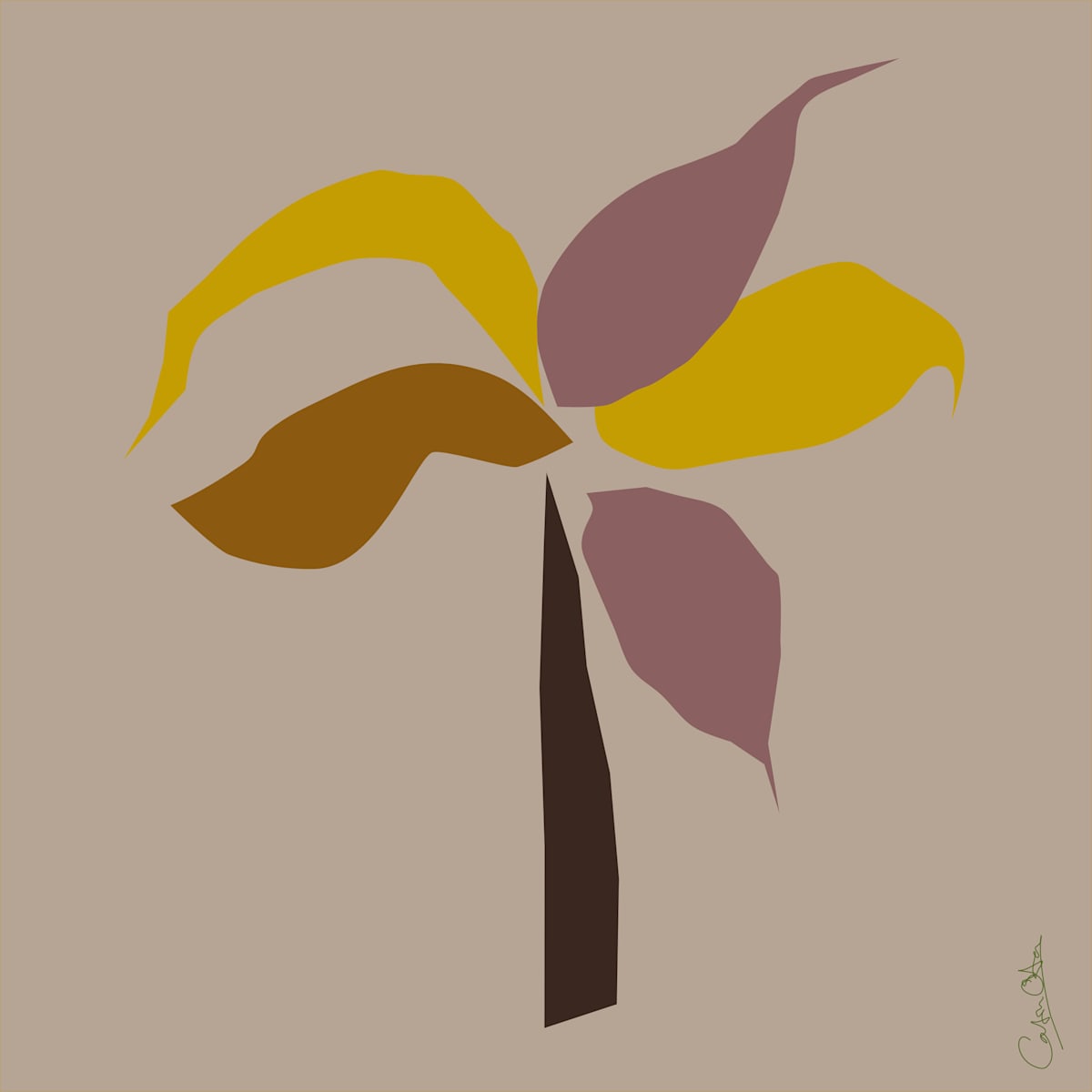 Plant Series 1: Abstract Line Cavendish 5, Brown by Catrin O'Hara  Image: Fifth sketch in my pandemic journal of one plant growing here as a pared back flat child-like image on a brown background.
