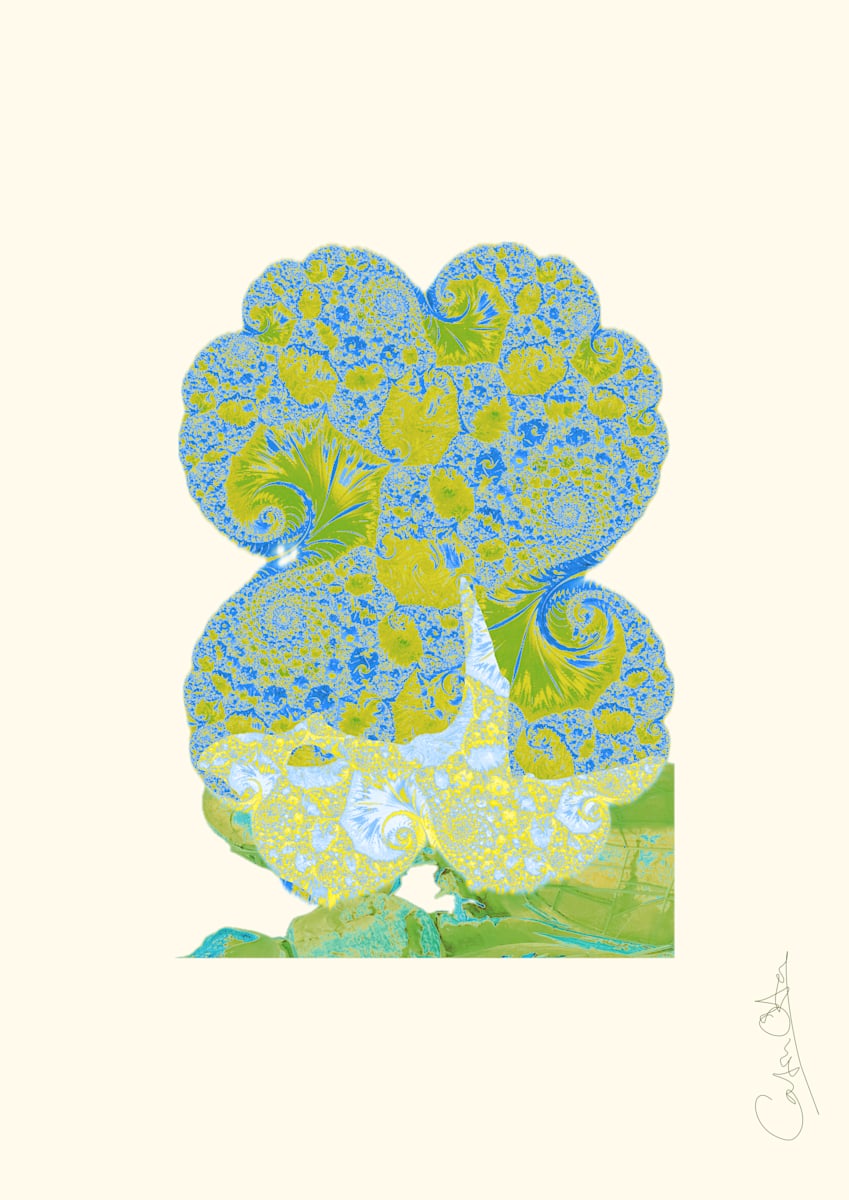 Triceratops Dream 4 by Catrin O'Hara  Image: Individual giclée print on Hahnemühle paper from an authorised premium studio with certificate of authenticity.  This the fourth in my series inspired by a visit to the Triceratops exhibition in Leiden in 2024. The fossil head sits in front of an exuberant green and blue shield made from a fractal image I developed using an original photograph of the skull. Very happy with the overall effect. This the fourth in my series inspired by a visit to the Triceratops exhibition in Leiden in 2024. The fossil head sits in front of an exuberant green and blue shield made from a fractal image I developed using an original photograph of the skull. Very happy with the overall effect.