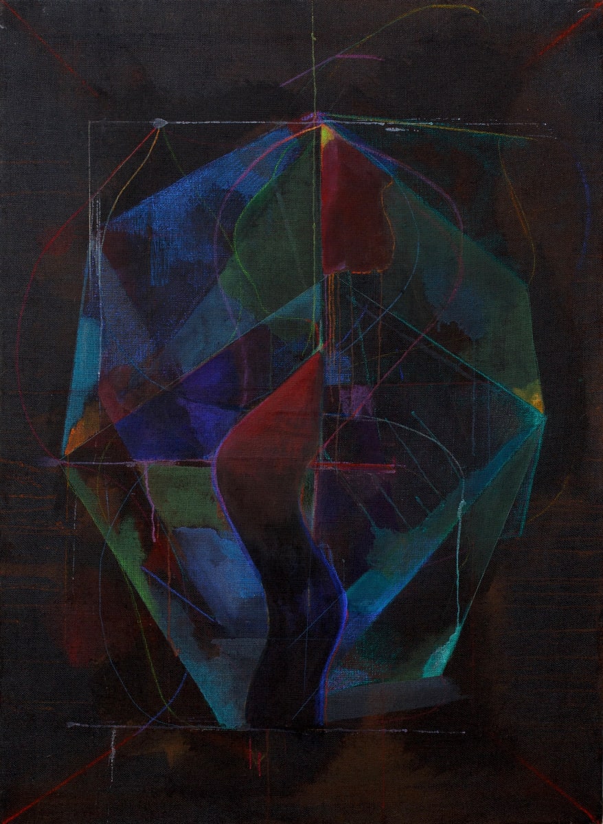 Impresa 1 Self portrait as a mask by Maria Mimma Scarpini  Image:   Watercolors, inks, soft pastels crayons on black jute, 52” x38”,  2023
