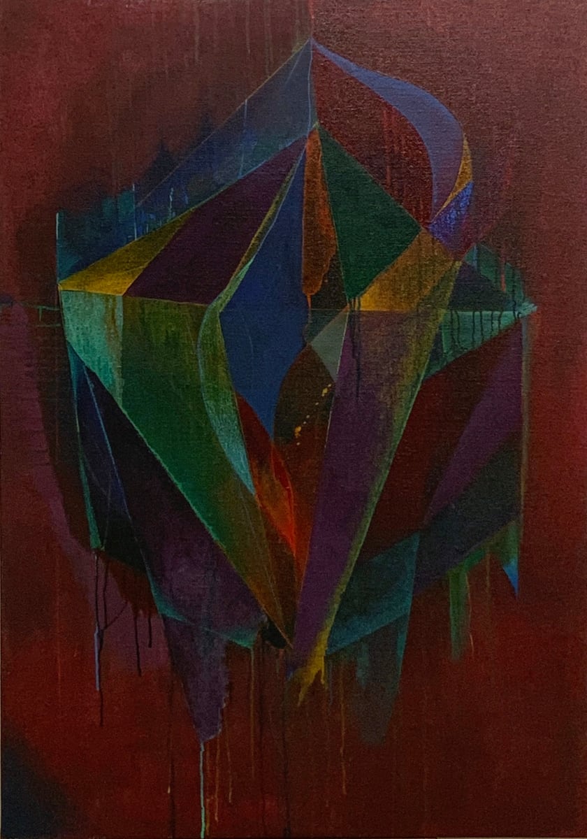 Impresa colorata by Maria Mimma Scarpini  Image:  Acrylics, watercolors, crayons on Jute  54”x 38” 2023
