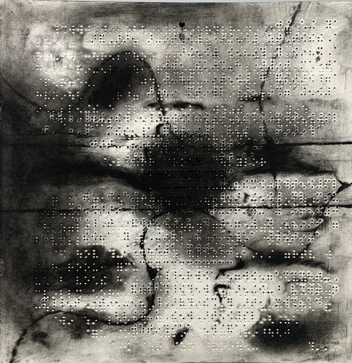 Stations by Maria Mimma Scarpini  Image: Part of a series of charcoal drawings on Braille embossed magazine paper executed mostly with frottage technique.