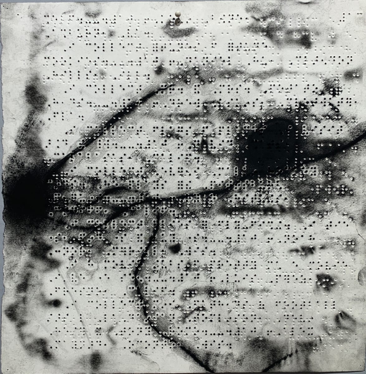 Entangled by Maria Mimma Scarpini  Image: Part of a series of charcoal drawings on Braille embossed magazine paper executed mostly with frottage technique.
