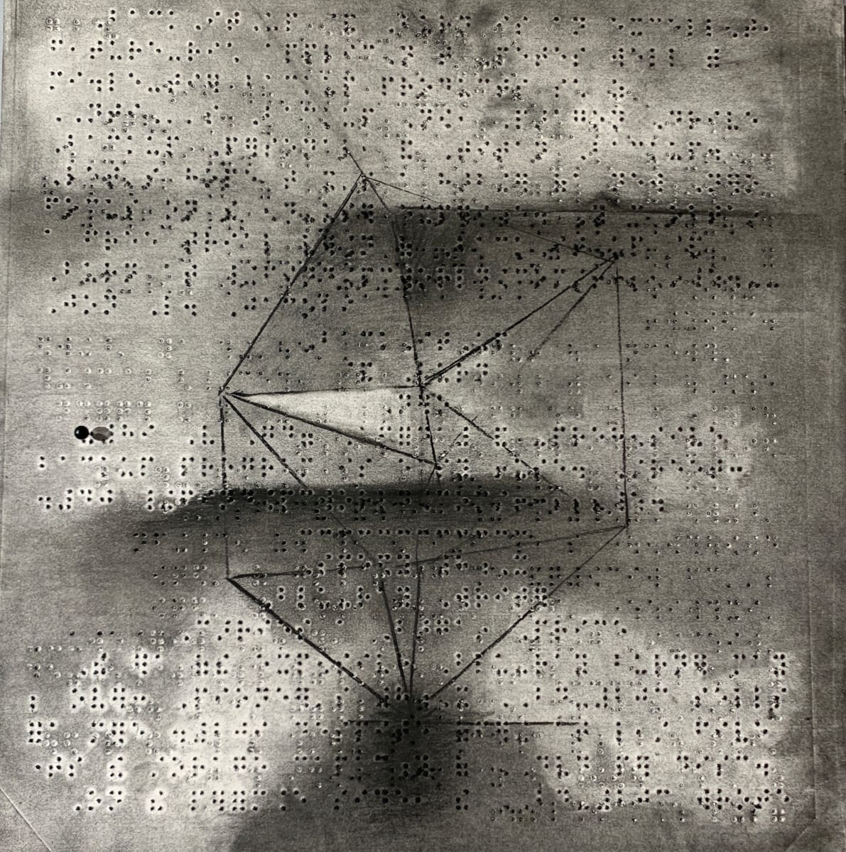 Geometry in space 1 by Maria Mimma Scarpini  Image: Part of a series of charcoal and graphite  drawings on Braille embossed magazine paper executed mostly with frottage technique. 