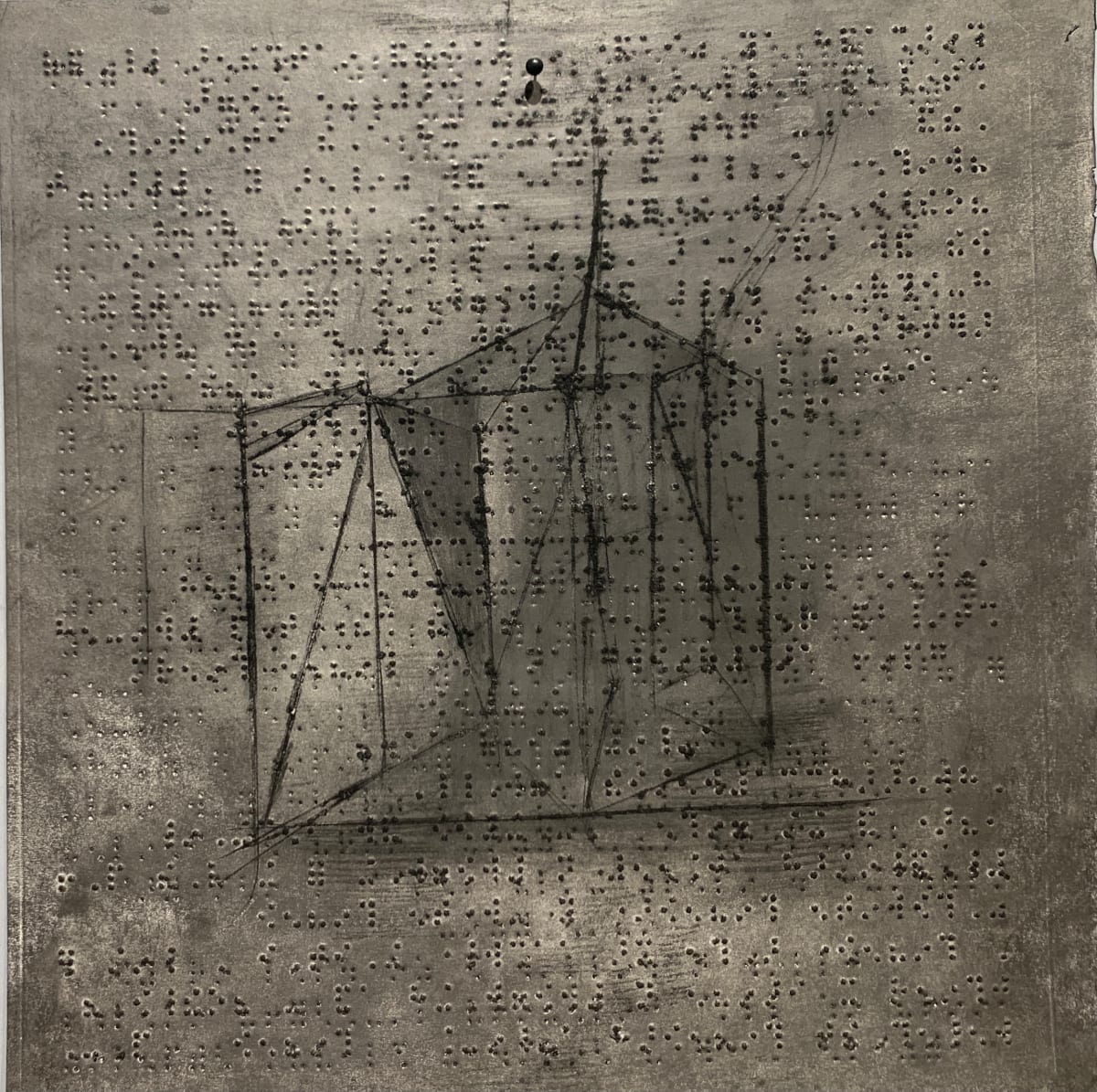 Space station by Maria Mimma Scarpini  Image: This is part of a series of charcoal  and graphite drawings on Braille embossed magazine paper executed mostly with frottage technique.