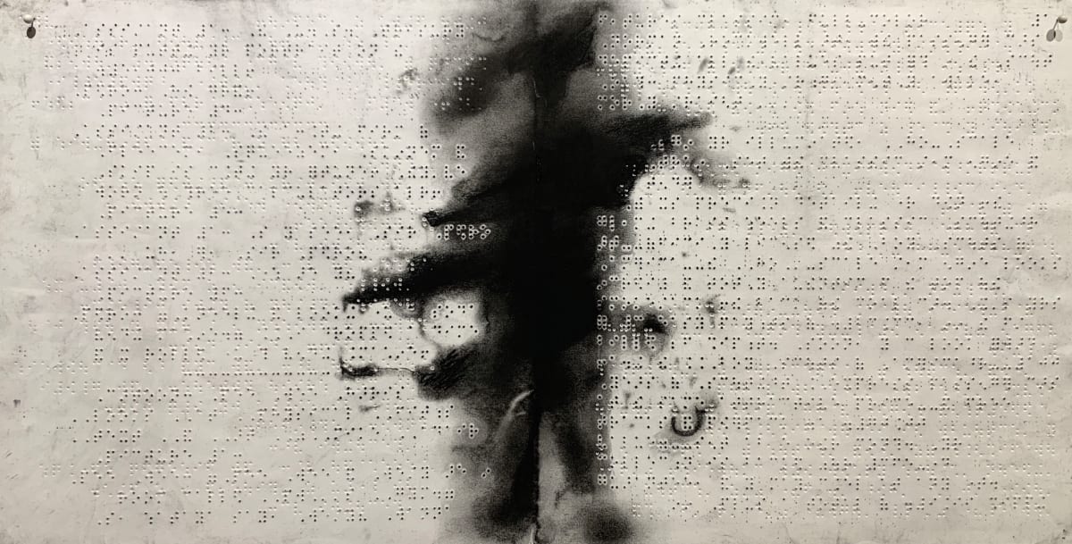Center piece by Maria Mimma Scarpini  Image: This is part of a series of charcoal drawings on Braille embossed magazine paper executed mostly with frottage technique.