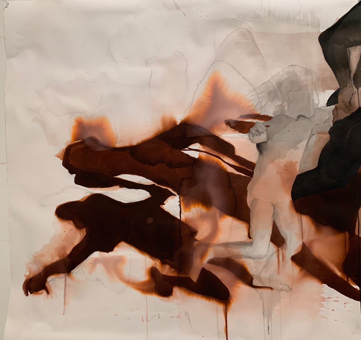 Maria Mesa Fleeing tear gas at the border  After an original picture by Pulitzer Prize photographer Kim Kyung Hoon by Maria Mimma Scarpini  Image: Ink, graphite and watercolors on Arches paper, 48"x40", 2019