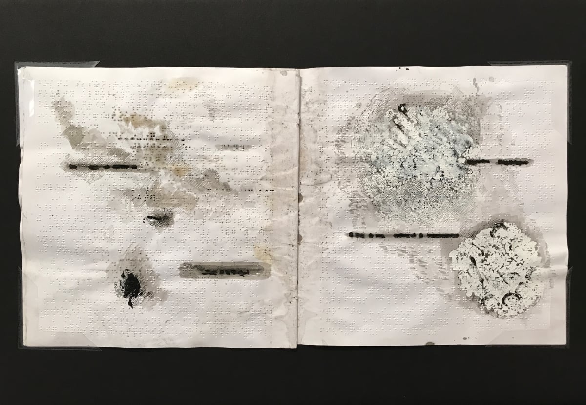 Book 1 by Maria Mimma Scarpini  Image: A Braille embossed magazine painted on several pages, with mostly inks, white out, rain intervention, fingerprints