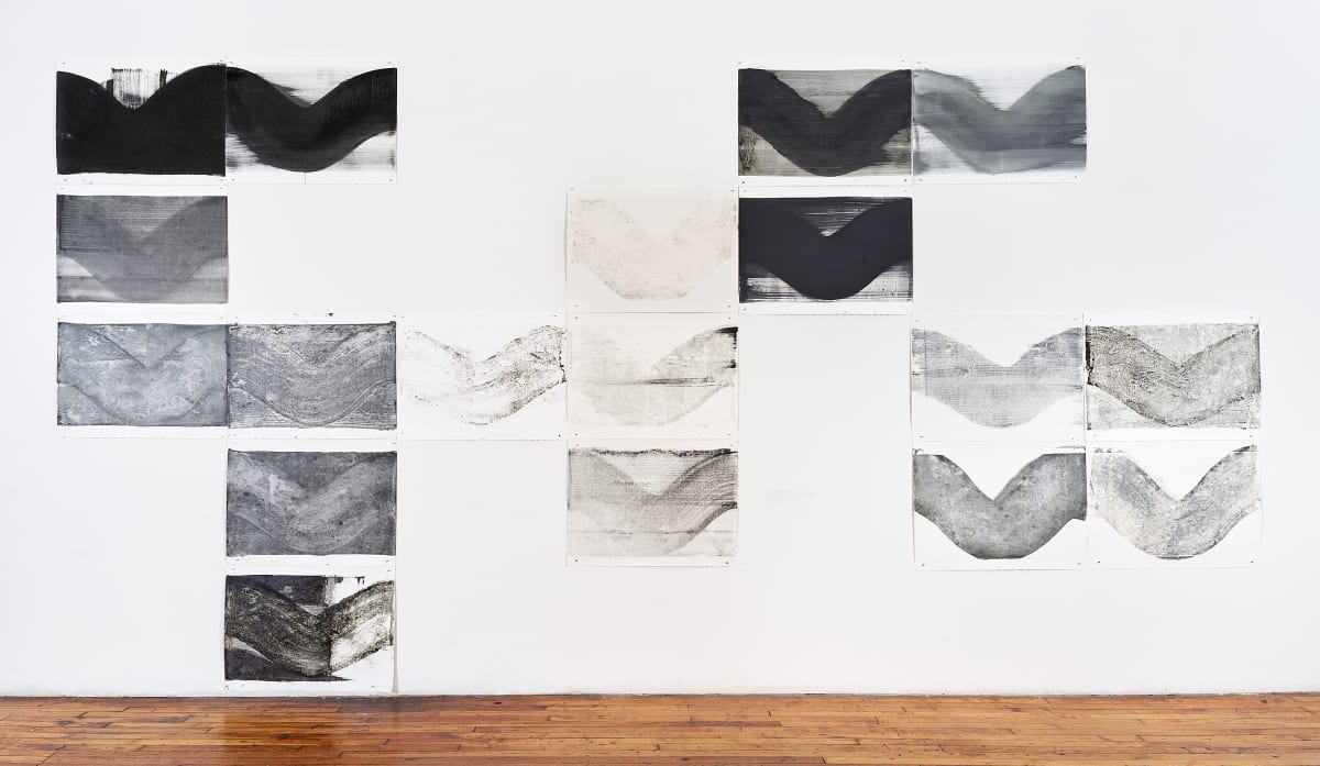 Black wave,  24 monoprints, oil on paper , 22”x30” each . by Maria Mimma Scarpini  Image: Assemblage for 'Fever Songs", BronxArtSpace, 2019