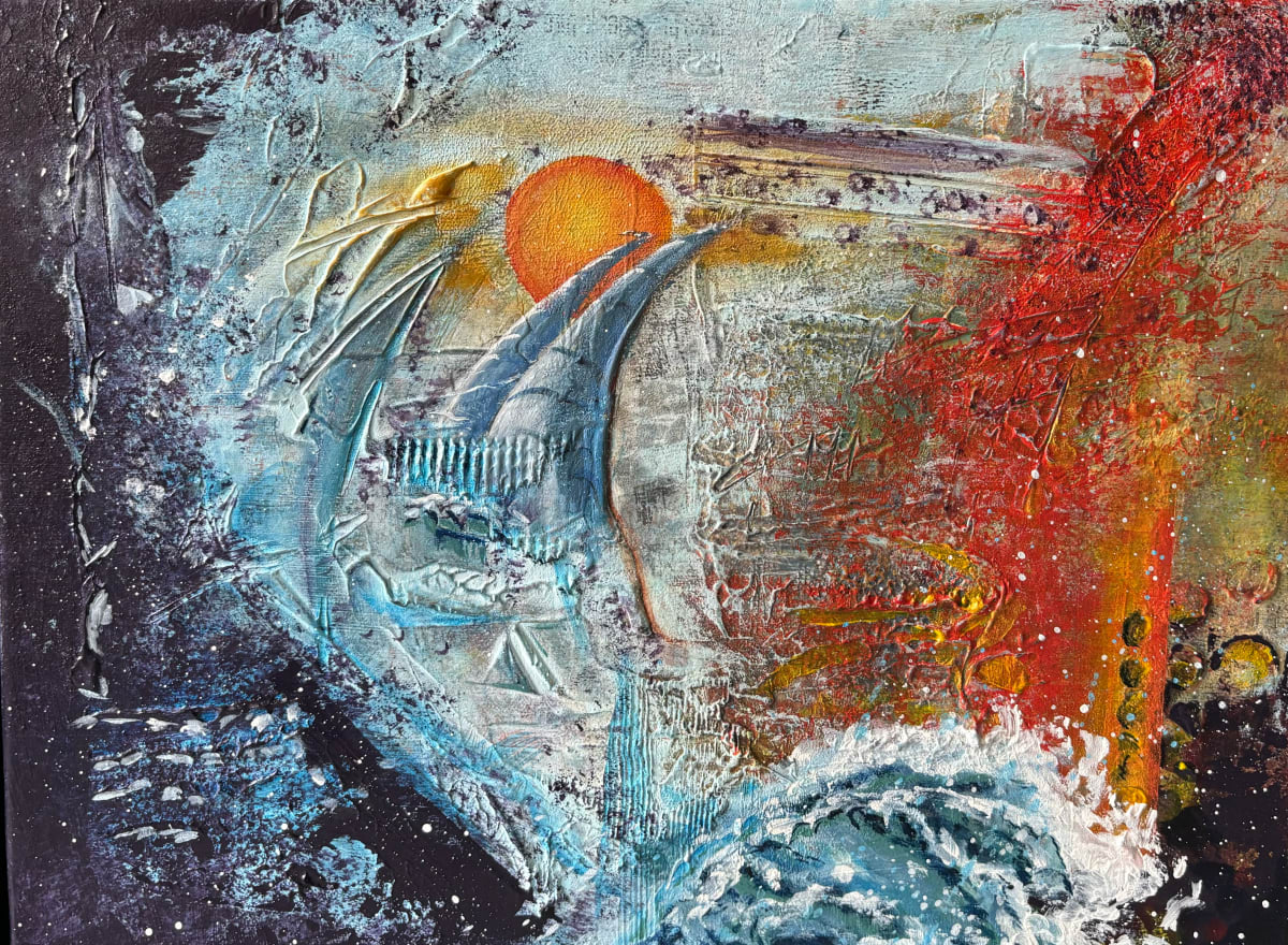 L'une De Vent by André JAY Chapdelaine  Image: First in a series, "Lune de Vent" is a work that explores the force and mystery of the wind, symbolized by dynamic brushstrokes and rich texture. This piece, created on a wooden panel, invites the viewer to feel the movement and energy of nature, captured with palpable intensity. 