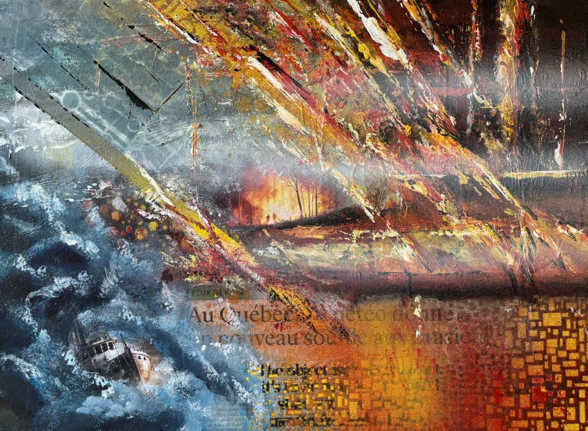 Québec Brûle by André JAY Chapdelaine  Image: Québec Brûle: A powerful portrayal of nature’s wrath, capturing the chaos of fire and water clashing, symbolizing the fragile balance between destruction and survival.