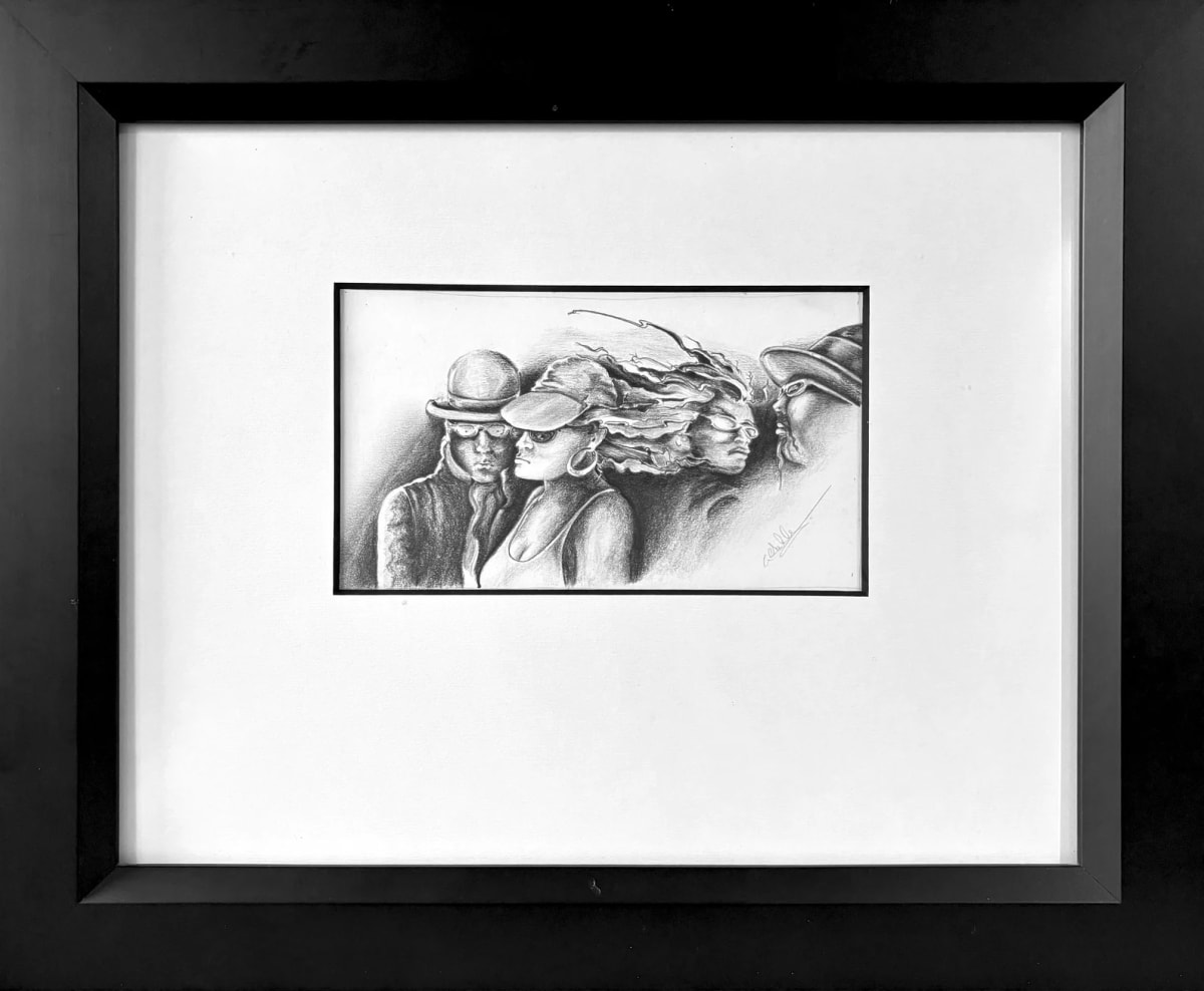 Cheveux Au Vent by André JAY Chapdelaine  Image: L’œuvre représente quatre figures aux chapeaux distinctifs, l’une avec les cheveux flottant au vent. La composition évoque une interaction expressive, sublimée par un travail minutieux des ombres et textures, ajoutant profondeur et mystère à la scène.
Four figures engage in a silent conversation, their hats and flowing hair adding an element of movement to the scene. The detailed pencil work enhances the mysterious and contemplative atmosphere of their connection."
